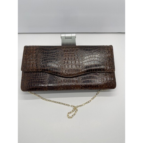 Vintage Clutch Handbag Envelope Style Snake Gator print brown Faux Leather Chain - Picture 2 of 16